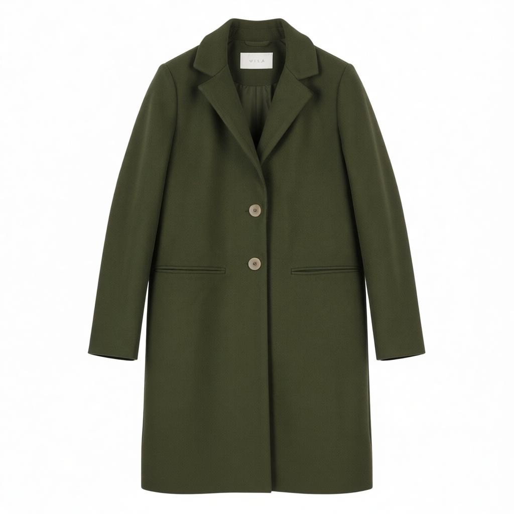 VILA Jully Women Coat EU36 Green Notch Lapel Button-Up Lined Mid-Length