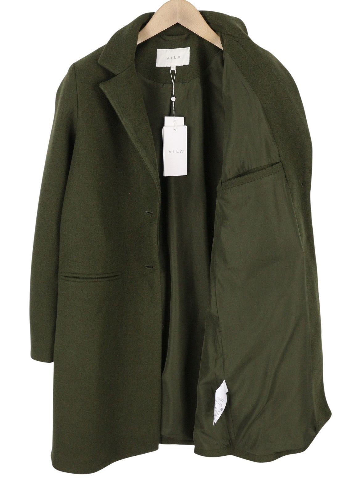 VILA Jully Women Coat EU36 Green Notch Lapel Button-Up Lined Mid-Length