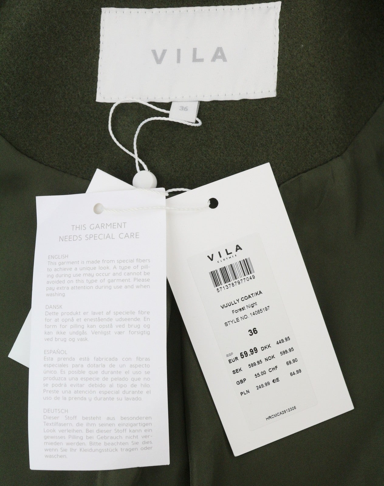 VILA Jully Women Coat EU36 Green Notch Lapel Button-Up Lined Mid-Length