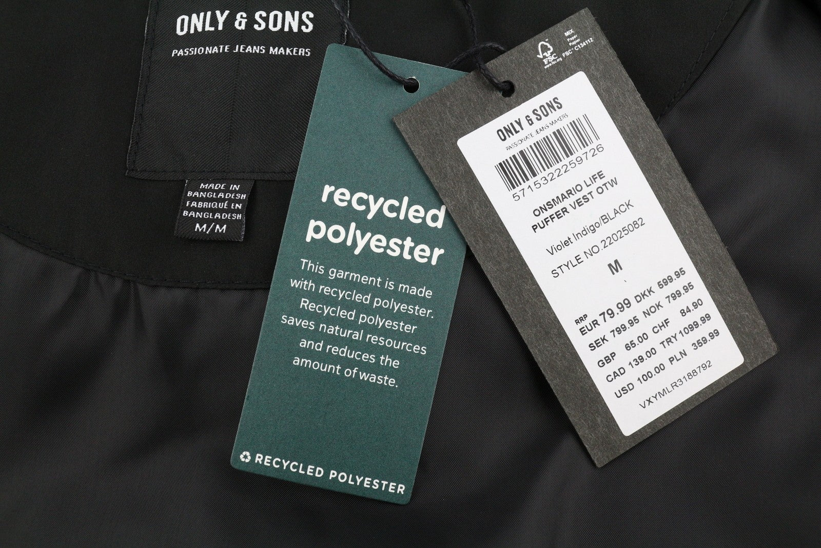 ONLY & SONS Mario Life Puffer Men Waistcoat M Violet Padded Quilted High Neck