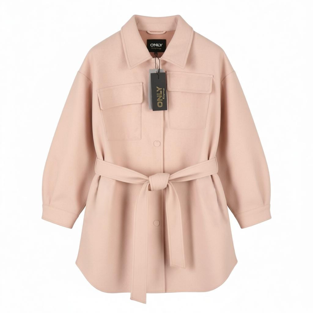 ONLY Dawn BF Shacket Women Coat M Light Pink Melange Snap Buttons Belted