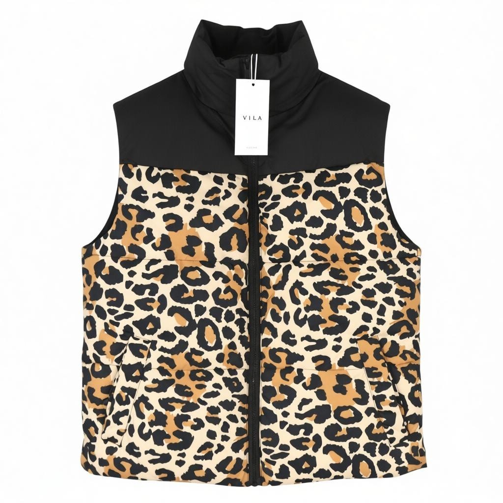 VILA Maja High Neck Women Waistcoat EU42 Black Leopard Print Quilted Padded