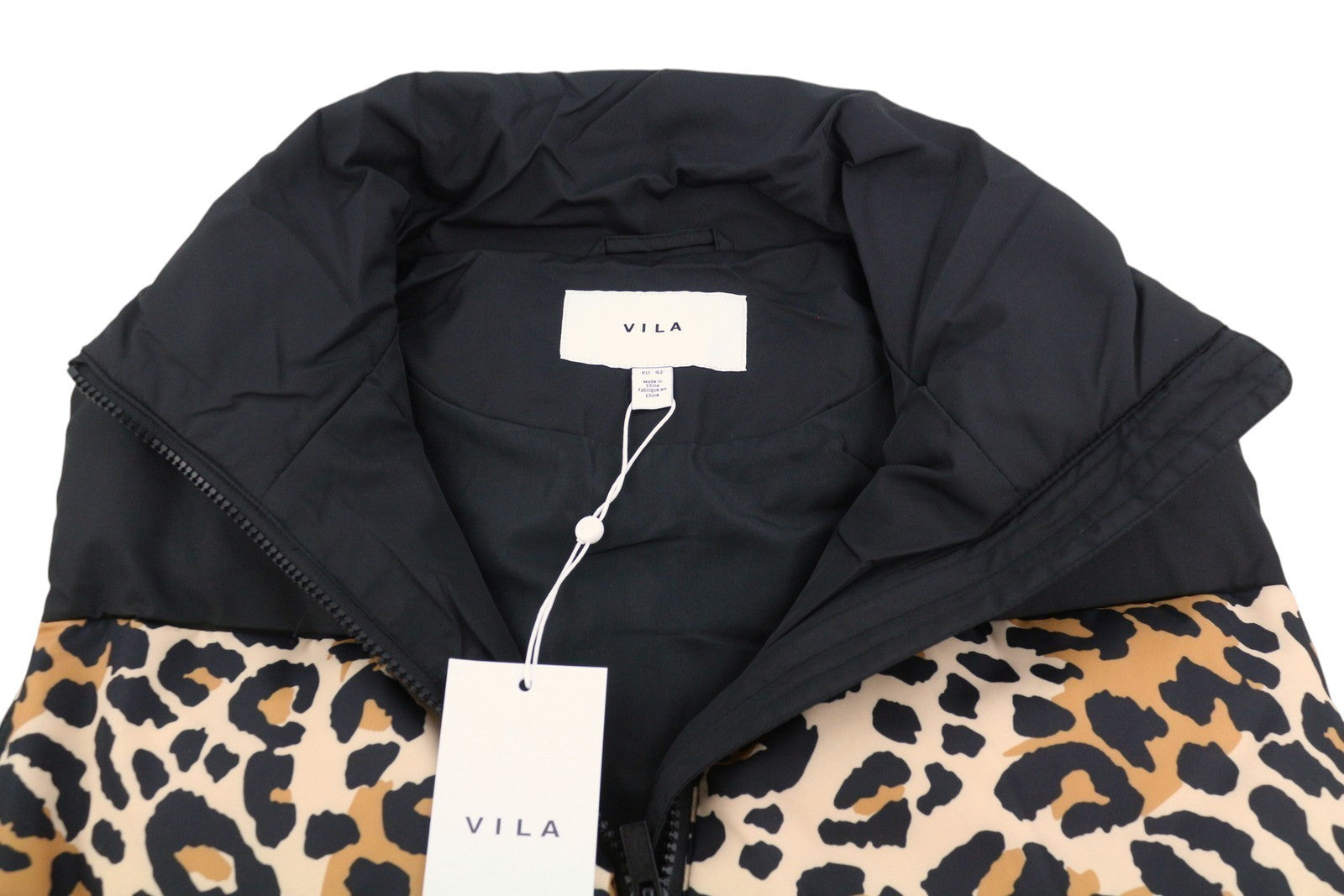 VILA Maja High Neck Women Waistcoat EU42 Black Leopard Print Quilted Padded