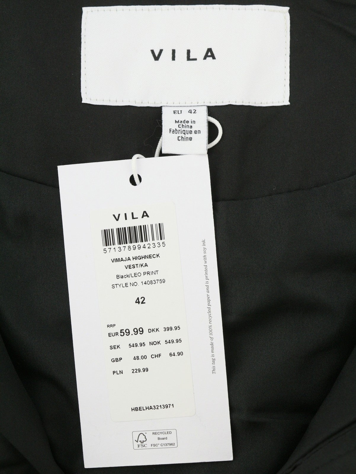 VILA Maja High Neck Women Waistcoat EU42 Black Leopard Print Quilted Padded