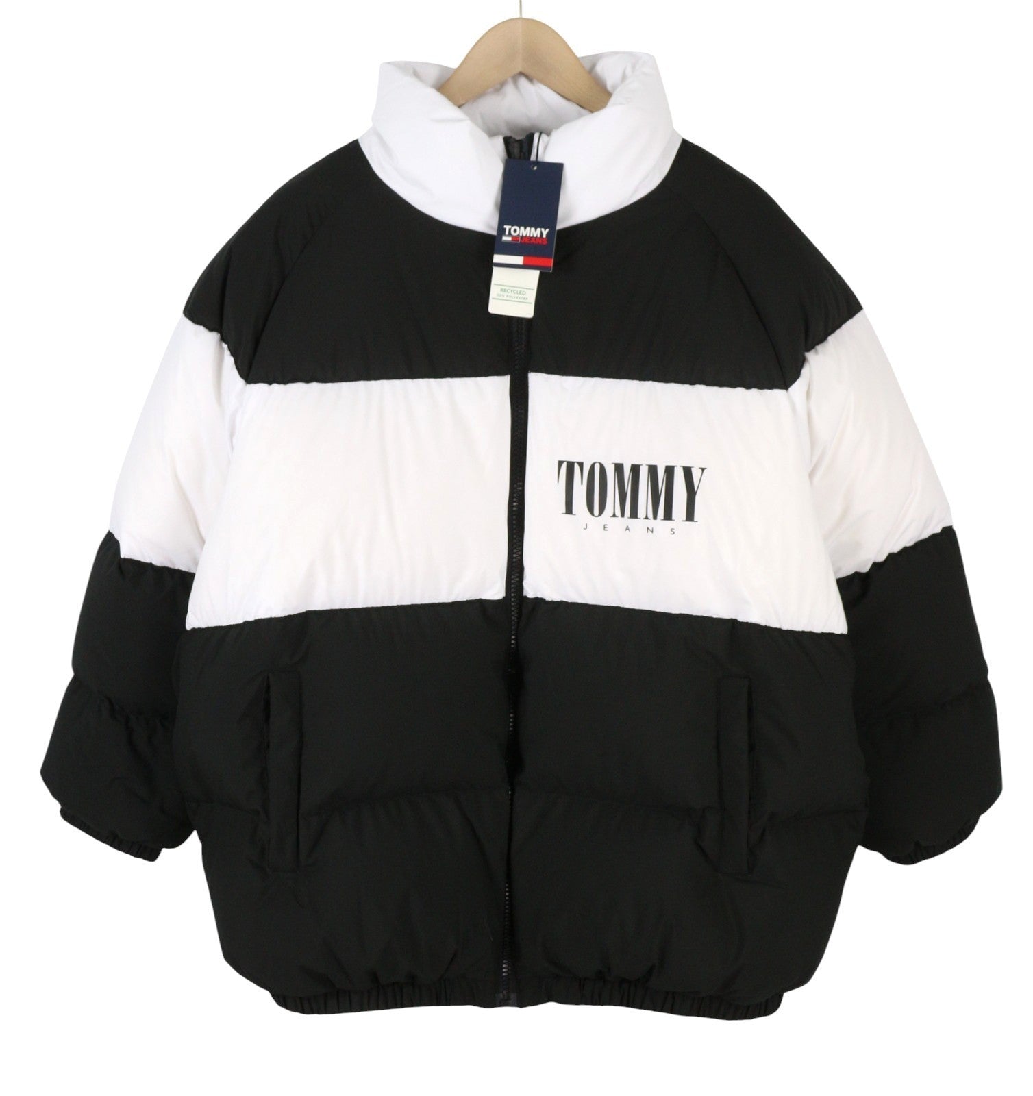 TOMMY HILFIGER Oversize Fashion Puffer Women Jacket L Black Duck Down RRP289