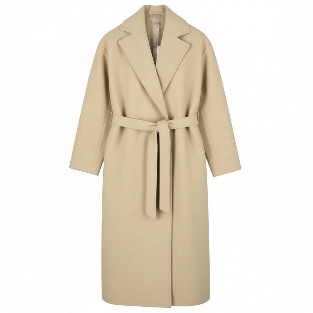 ANNA FIELD Women Coat L TALL Beige Melange Notch Lapel Belted Mid-Length