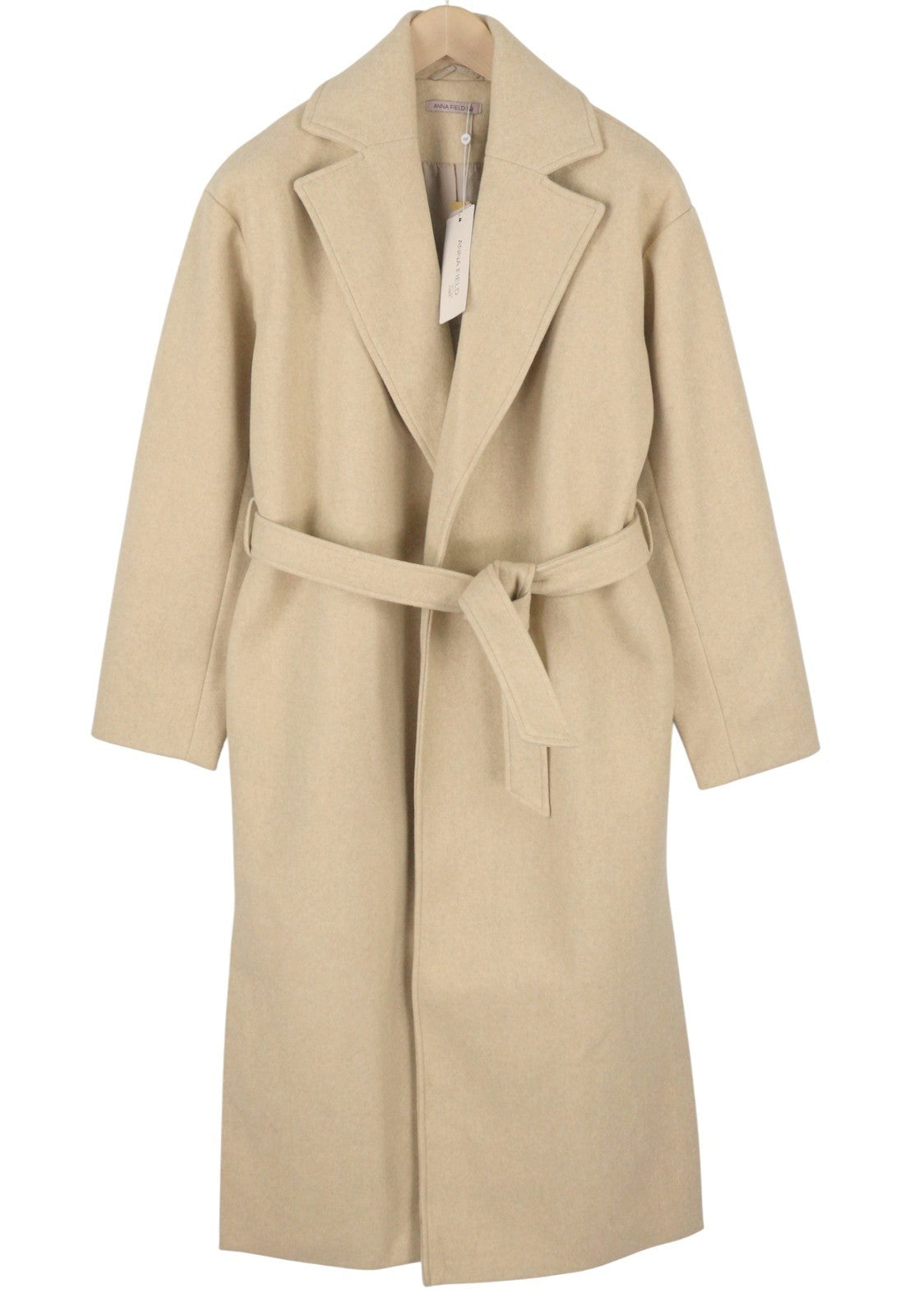 ANNA FIELD Women Coat L TALL Beige Melange Notch Lapel Belted Mid-Length