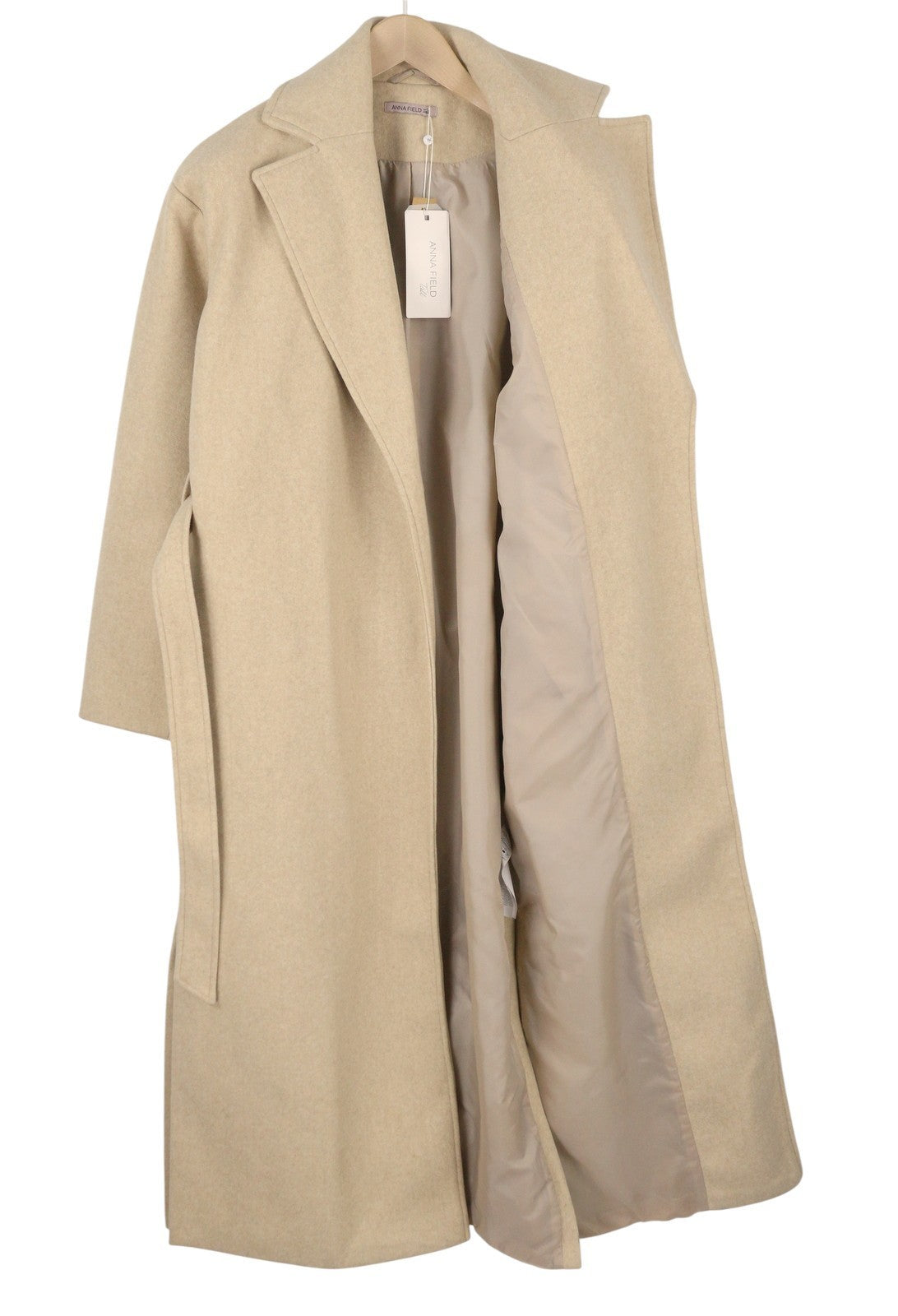 ANNA FIELD Women Coat L TALL Beige Melange Notch Lapel Belted Mid-Length