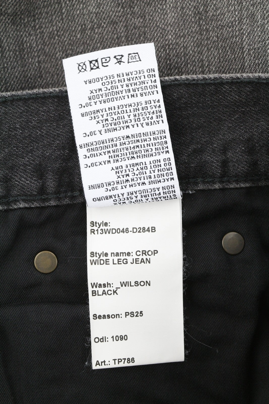 R13 trumpi plačių klešnių moteriški džinsai, 30 Wilson juodi, išblukę, su dilimu ant kulkšnies, PS25, RRP695 