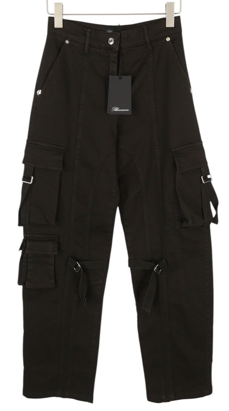 BLUMARINE J. Cargo moteriškos kelnės, 38 colių, juodos, su uždėtinėmis kišenėmis, laisvu užtrauktuku. RRP427. 