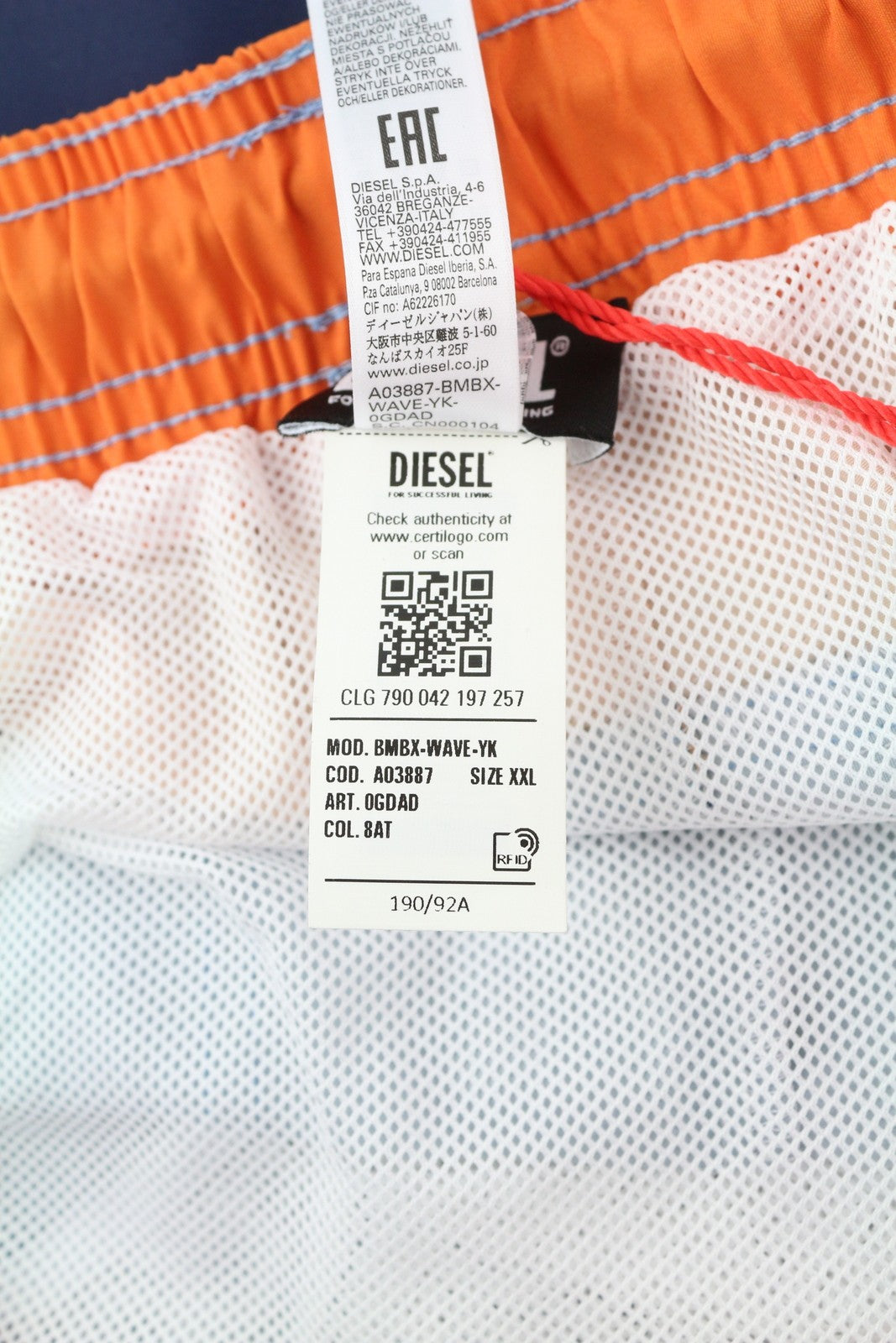 DIESEL Bmbx-Wave-Yk Men's Swimwear 2XL Mesh Lined Drawstring Pool Ready