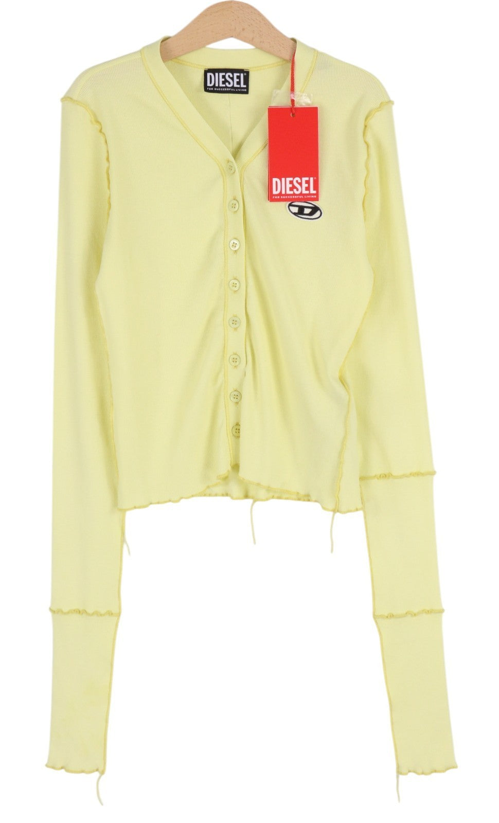 DIESEL T-Ribby-Open Women's T-Shirt M Yellow Buttoned Cropped Rib Knit