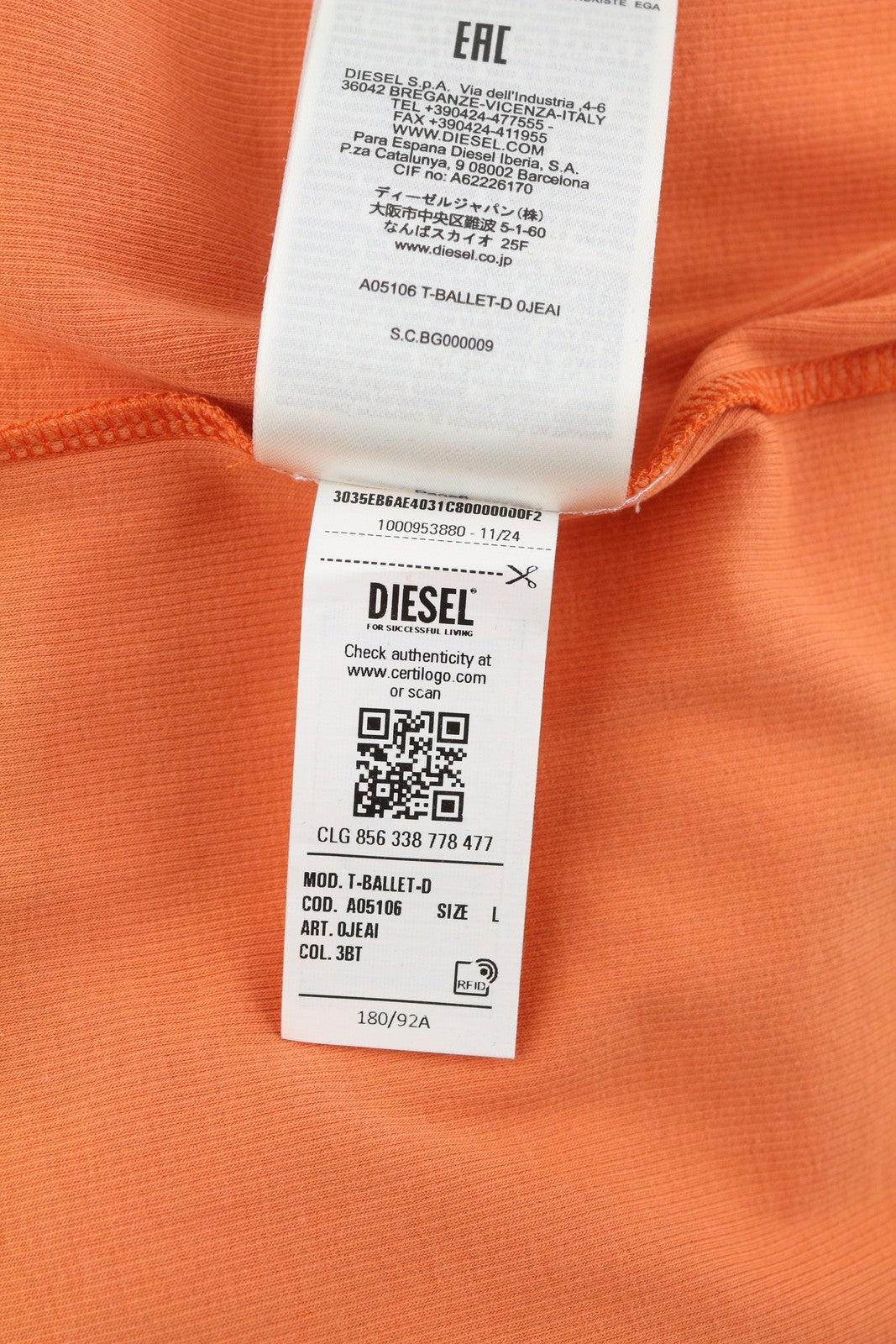 DIESEL T-Ballet-D Women's T-Shirt L Orange Cropped Rib Long Sleeve