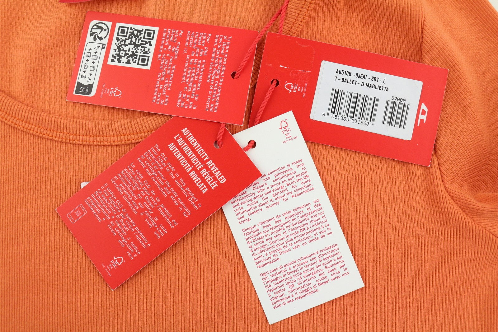 DIESEL T-Ballet-D Women's T-Shirt L Orange Cropped Rib Long Sleeve