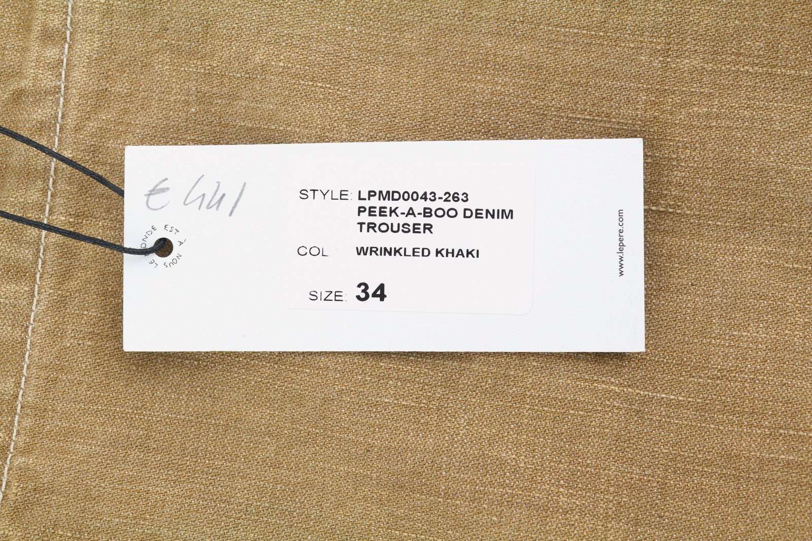 LE PERE Peek-A-Boo džinsinės vyriškos kelnės W34 smėlio spalvos raukšlėtos chaki spalvos krovininės RRP550 