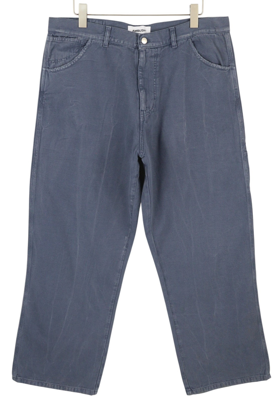 AMBUSH Worker vyriškos kelnės, XL dydžio, tamsiai mėlynos, laisvos, įprasto kirpimo, su užtaisytomis kišenėmis, užtrauktuku RRP415 