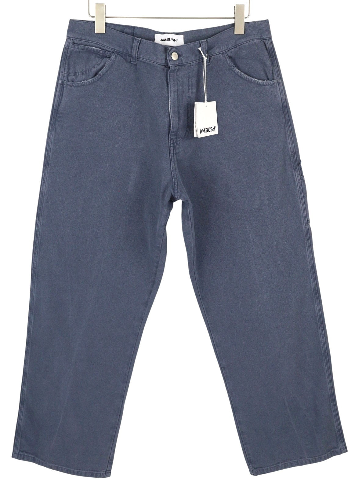 AMBUSH Worker vyriškos kelnės, tamsiai mėlynos, laisvos, įprasto kirpimo, su užtaisytomis kišenėmis, užtrauktuku RRP415 