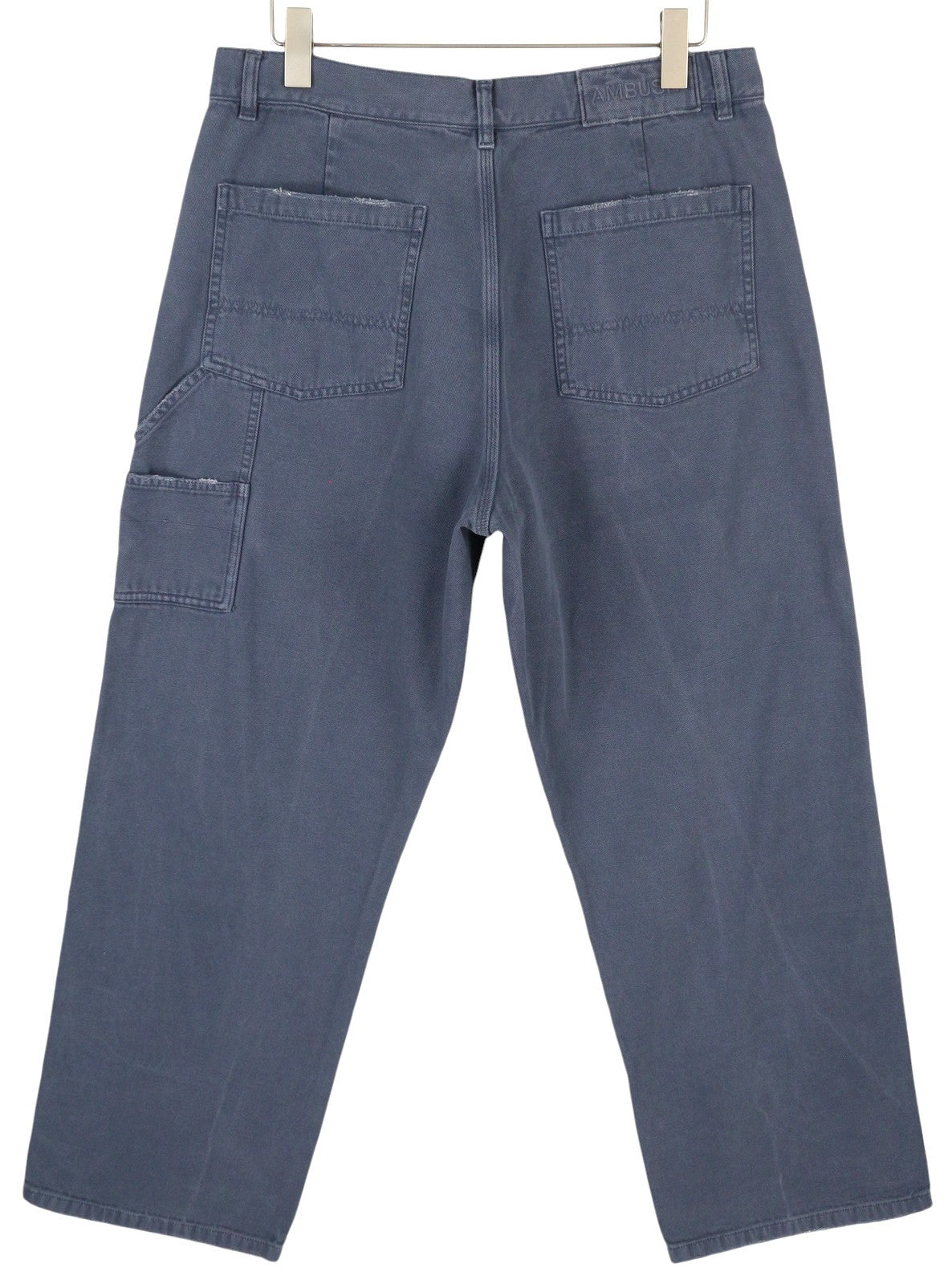 AMBUSH Worker vyriškos kelnės, tamsiai mėlynos, laisvos, įprasto kirpimo, su užtaisytomis kišenėmis, užtrauktuku RRP415 