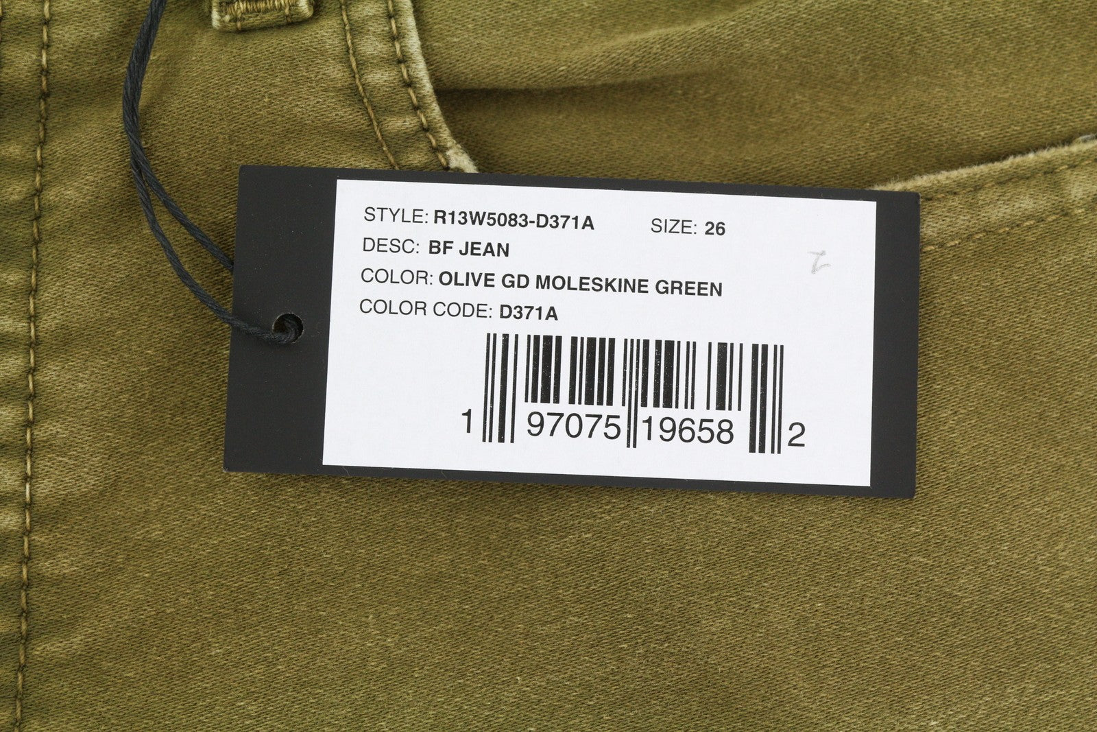 R13 Boyfriend moteriškos kelnės 26 alyvuogių spalvos, dažytos moleskino spalvos, trumpintos, išblukintos, FW25 