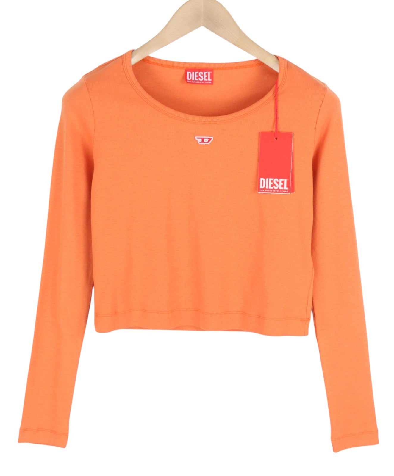 DIESEL T-Ballet-D Women's T-Shirt S Orange Ribbed Cropped Long Sleeve Round
