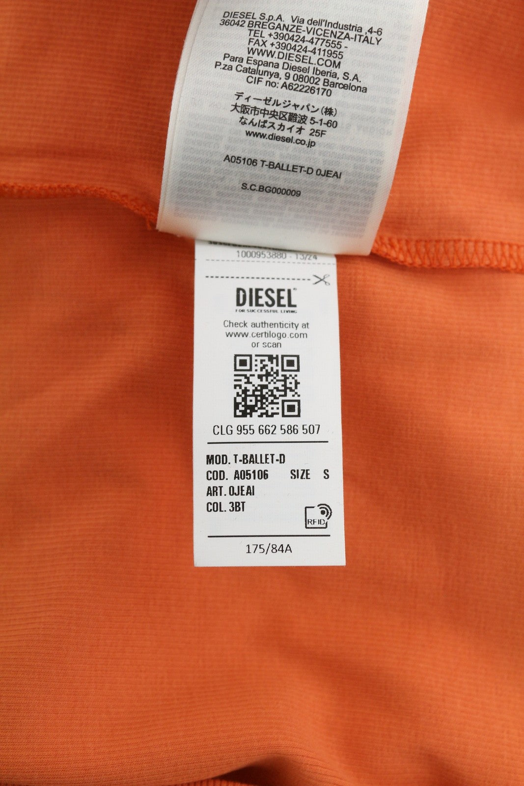 DIESEL T-Ballet-D Women's T-Shirt S Orange Ribbed Cropped Long Sleeve Round