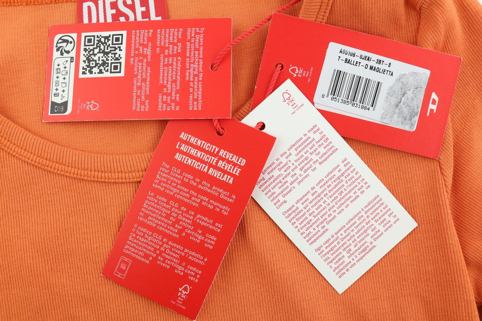 DIESEL T-Ballet-D Women's T-Shirt S Orange Ribbed Cropped Long Sleeve Round