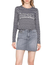 DIESEL T-Inacrop Women T-Shirt S Grey Cropped Patterned Rhinestone Long Sleeve
