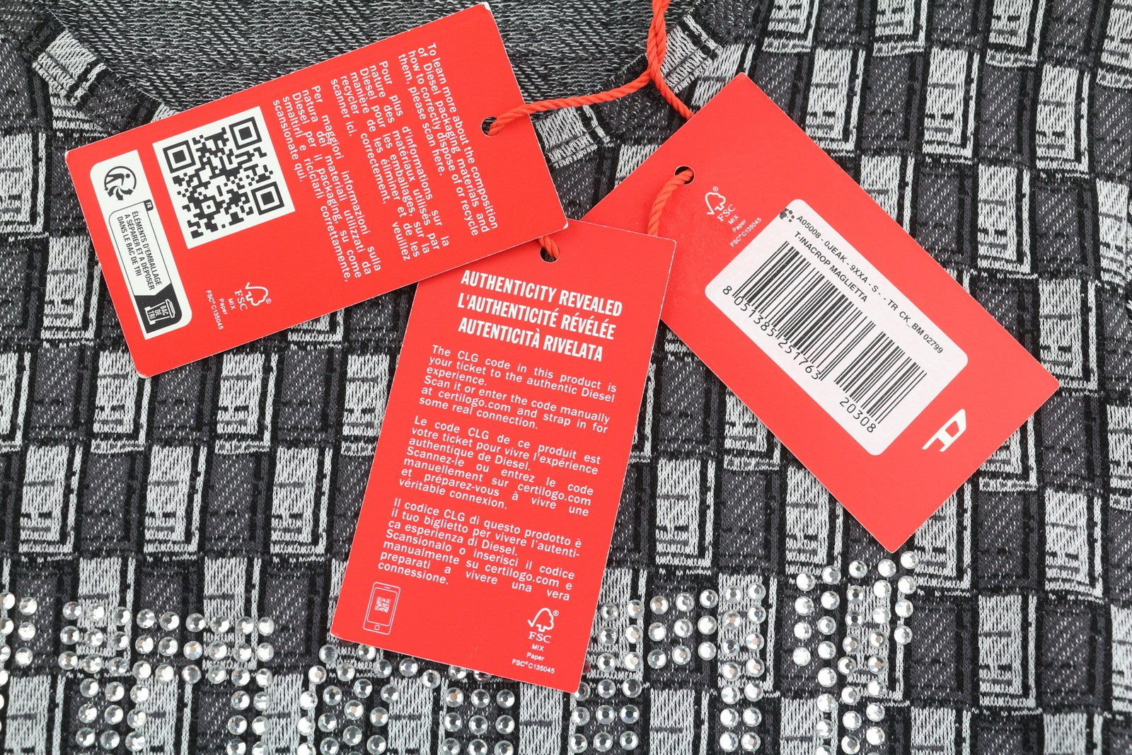 DIESEL T-Inacrop Women T-Shirt S Grey Cropped Patterned Rhinestone Long Sleeve