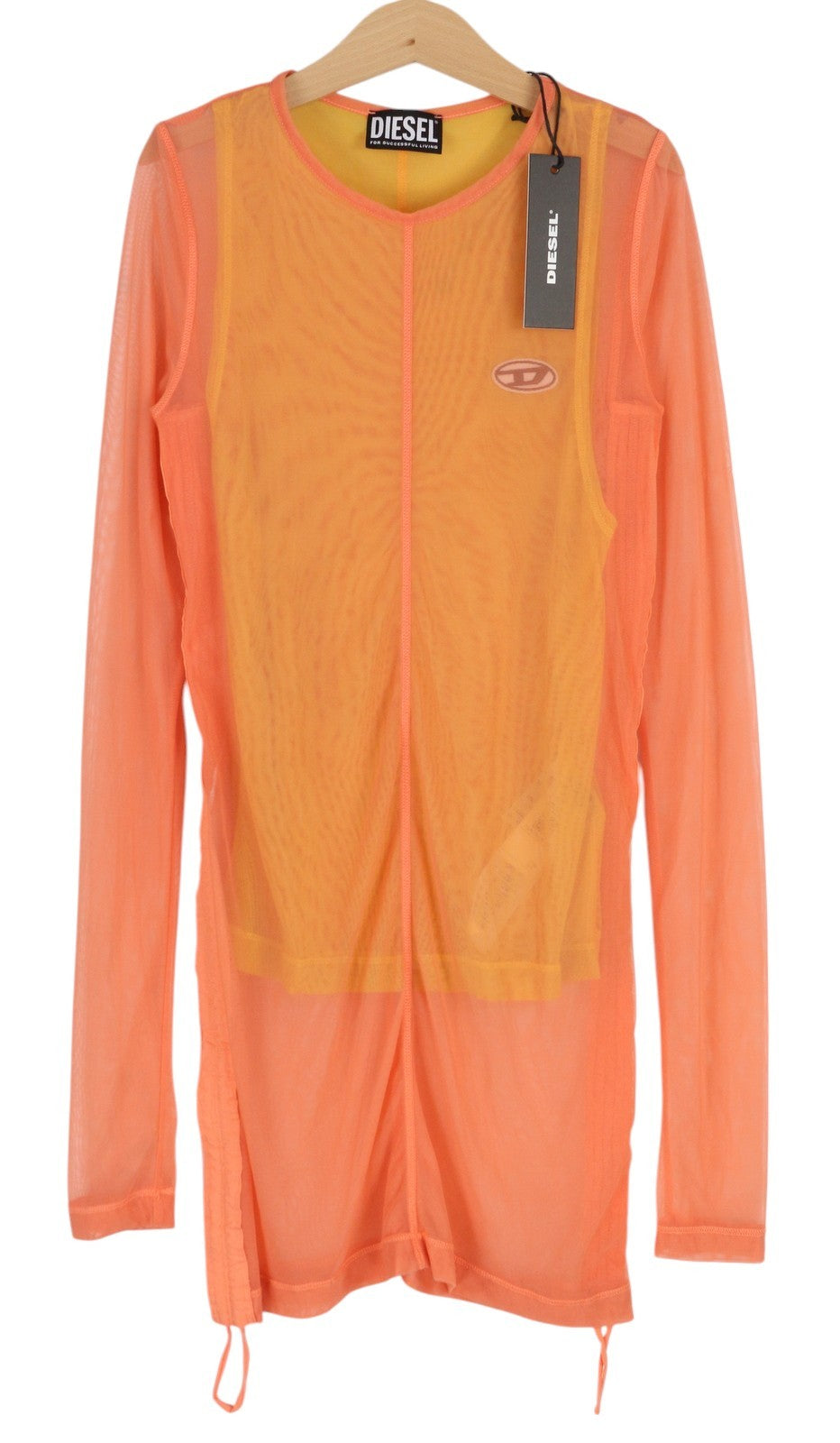 DIESEL T-Jurly Women's T-Shirt S Orange Mesh Long Sleeve Side Drawstring RRP220