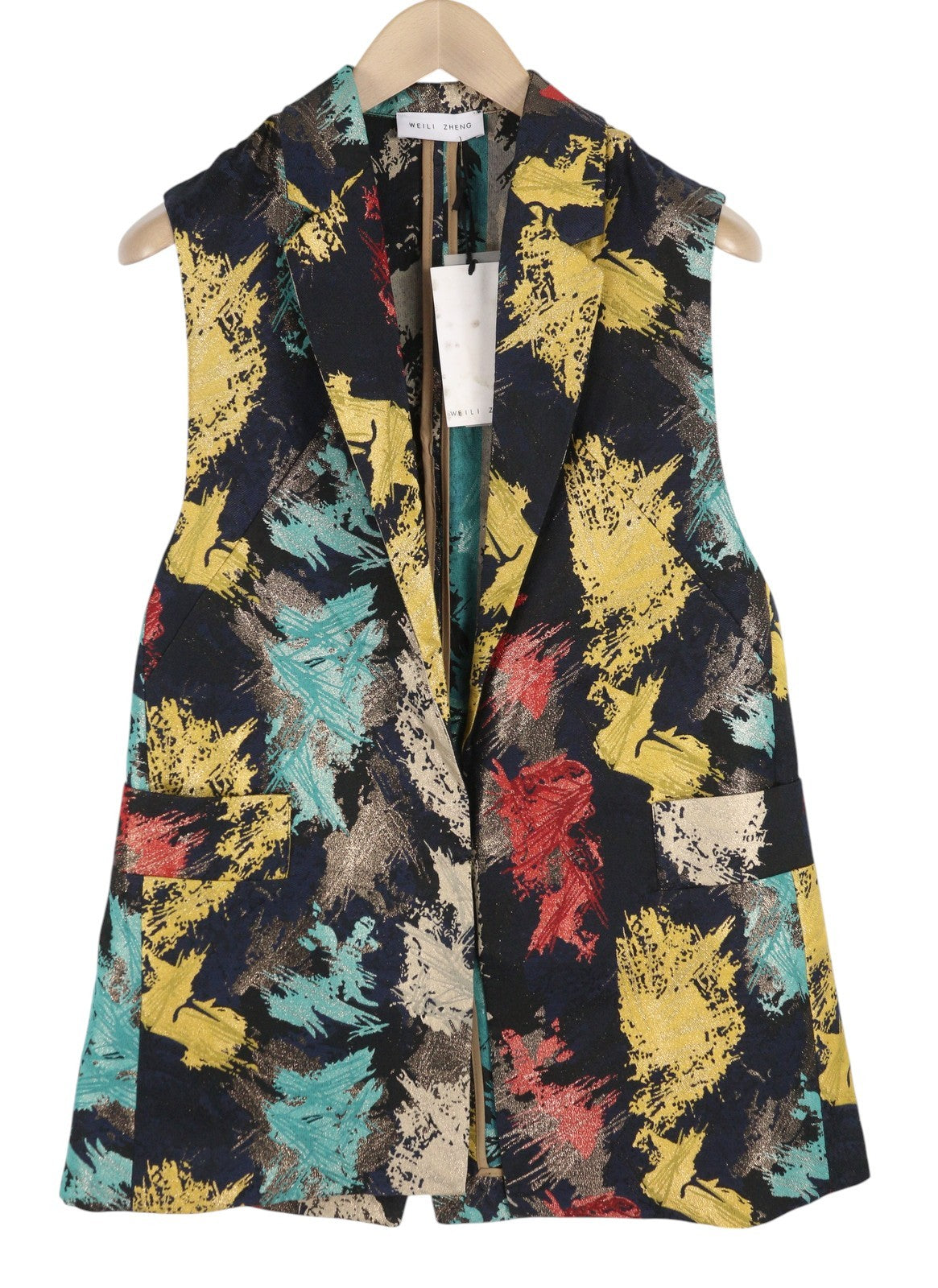 WEILI ZHENG Over Jacquard Women's Waistcoat S Colourful Pattern Notch Lapel