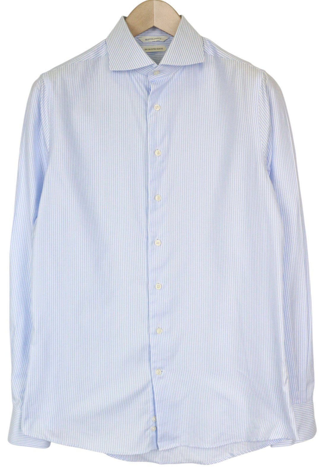 SUITSUPPLY vyriški formalūs marškiniai 40/15 3/4 ypač ploni mėlyni medvilniniai dryžuoti dryžuoti marškiniai 