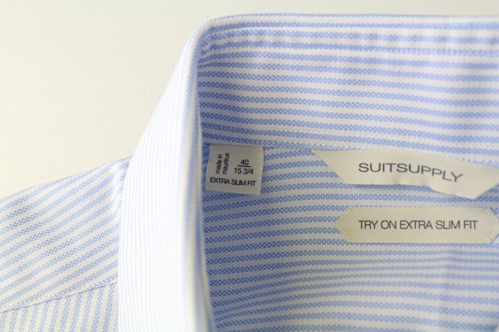 SUITSUPPLY vyriški formalūs marškiniai 40/15 3/4 ypač ploni mėlyni medvilniniai dryžuoti dryžuoti marškiniai 