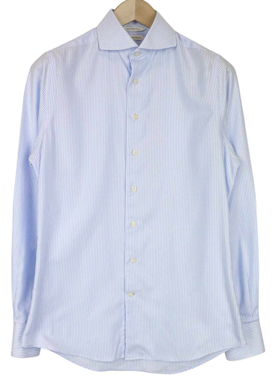 SUITSUPPLY Men's Shirt 38/15 Extra Slim Blue Striped Cotton Pattern Twill