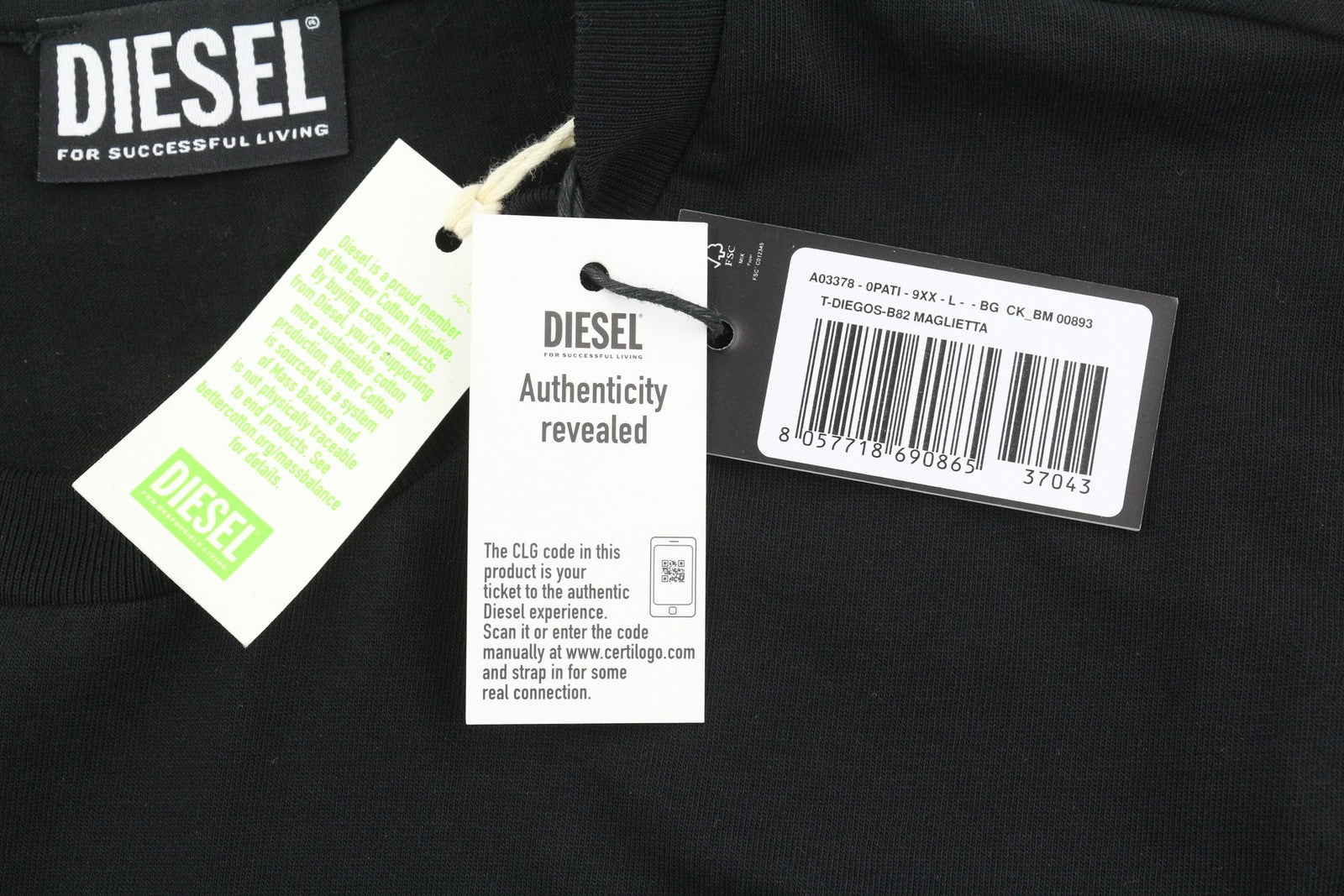 DIESEL T-Diegos-B82 L Men T-Shirt Black Tricot Stretchy Crew Neck Short Sleeve