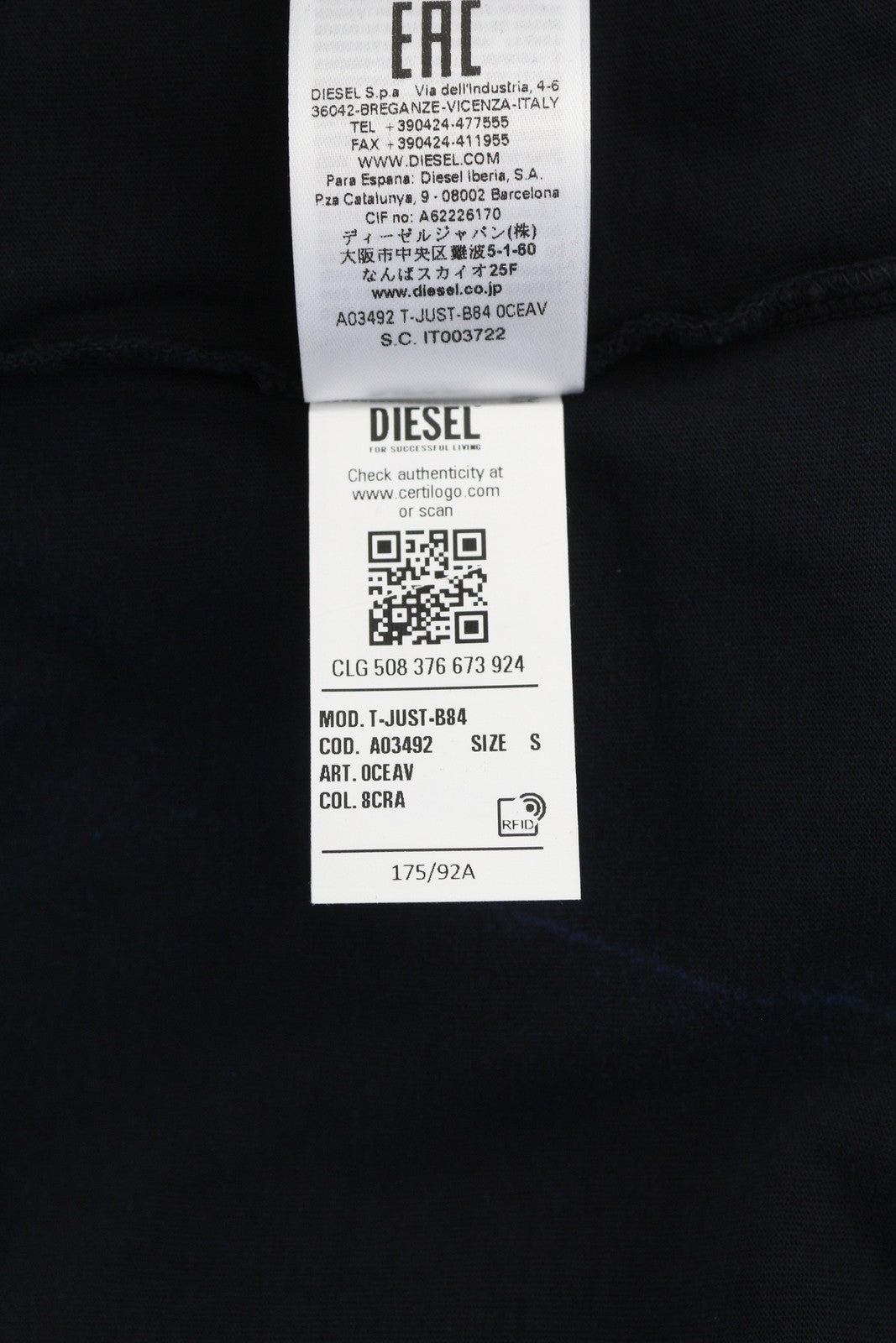 DIESEL T-Just-B84 S Men T-Shirt Black Tricot Stretchy Crew Neck Short Sleeved
