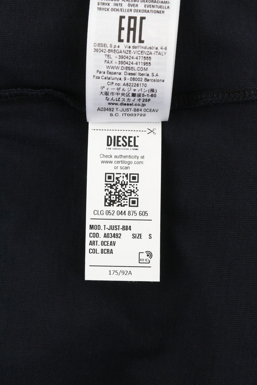 DIESEL T-Just-B84 S Men T-Shirt Black Tricot Stretch Crew Neck Short Sleeve