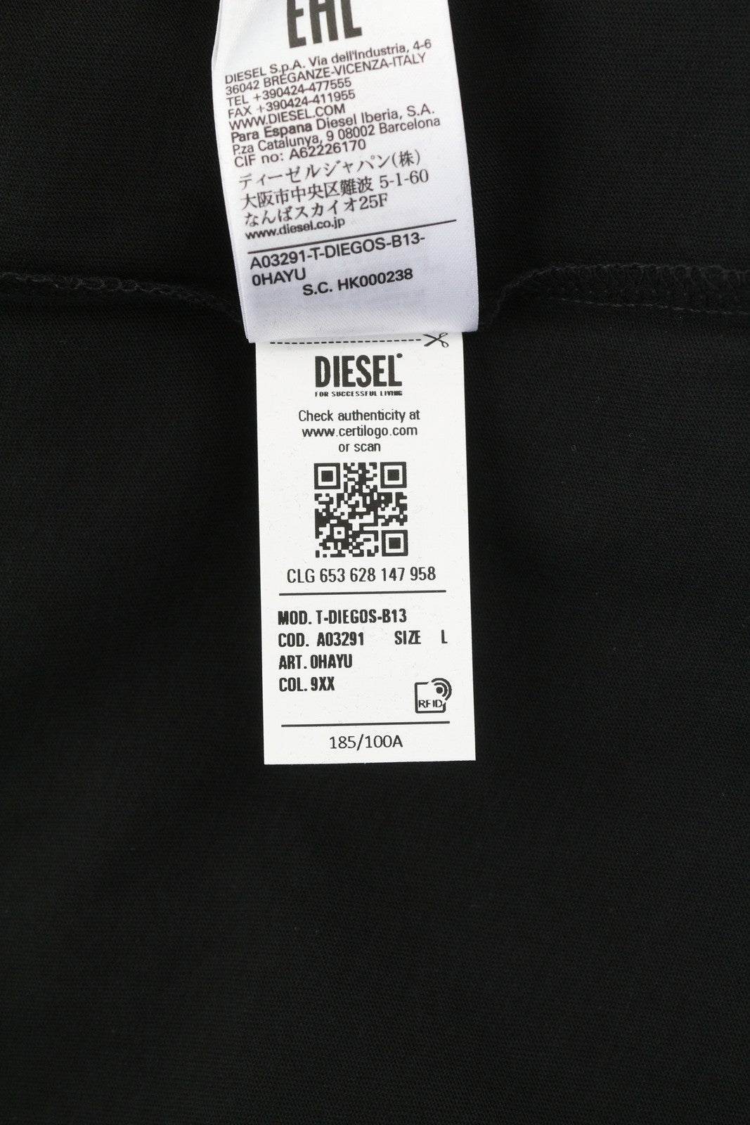 DIESEL T-Diegos-B13 L Men T-Shirt Black Tricot Stretchy Crew Neck Short Sleeve