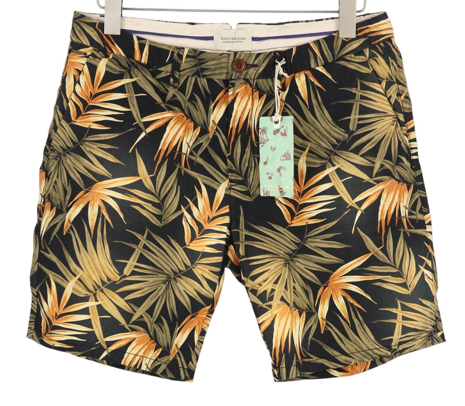 SCOTCH & SODA Men's Shorts W31 Chino Dark Leaf Print Zip Fly Casual