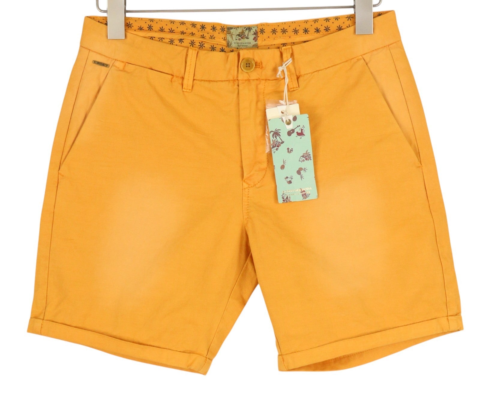 SCOTCH & SODA Men's Shorts W29 Orange Washed Chino Turn-Up Zip Fly
