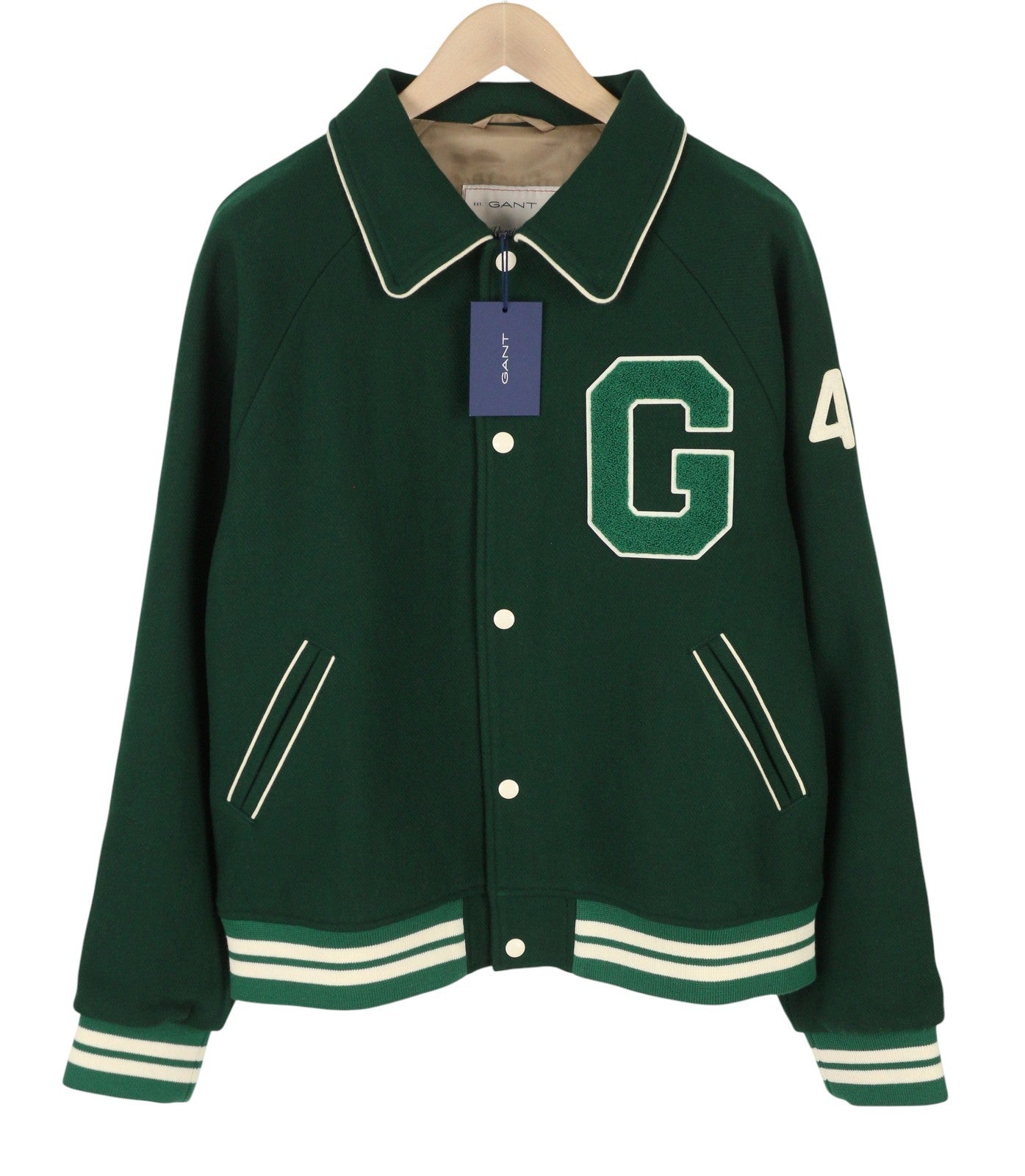 GANT Wool Varsity Men Jacket L Forest Green Snap Buttons Spread Bomber RRP475