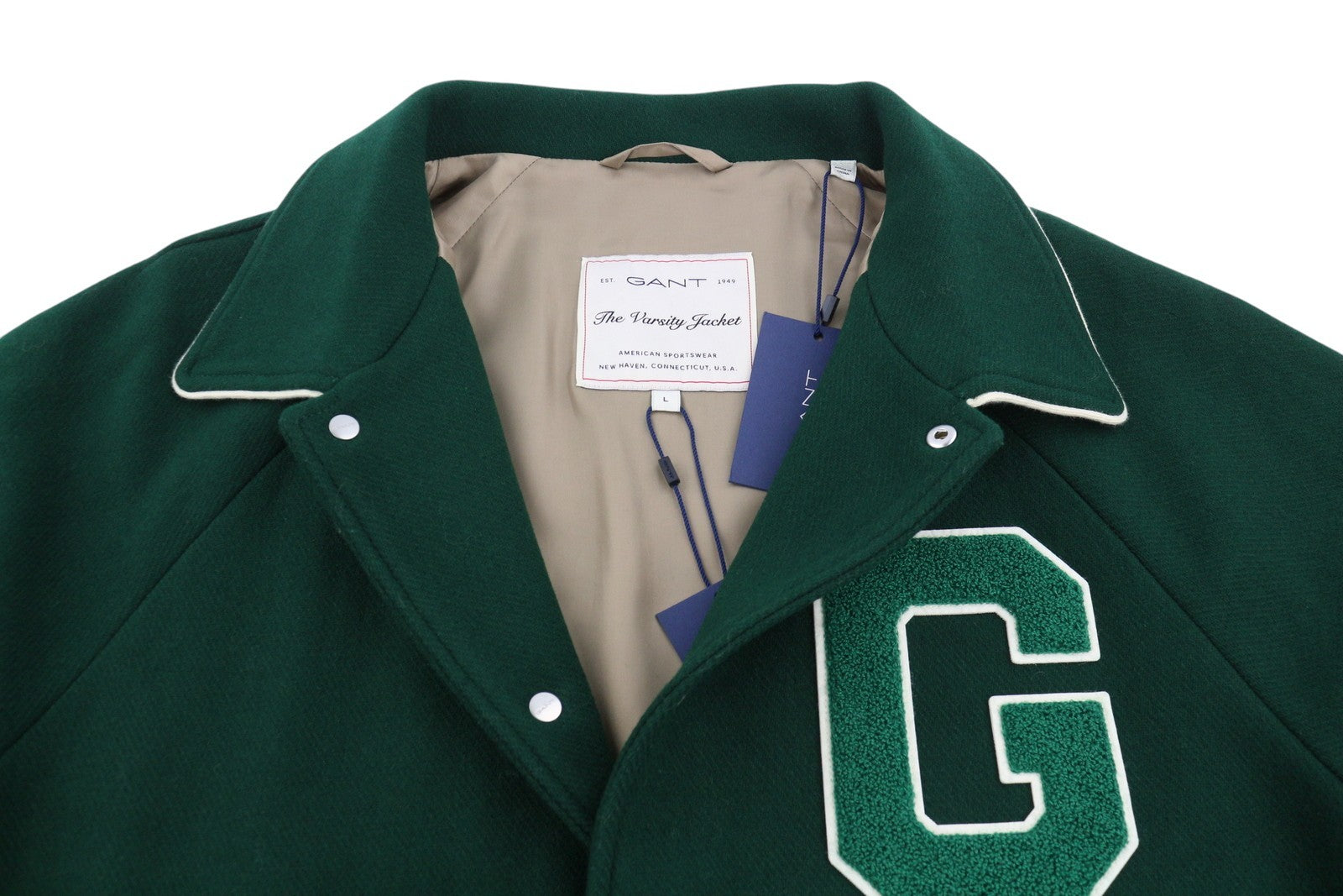 GANT Wool Varsity Men Jacket L Forest Green Snap Buttons Spread Bomber RRP475