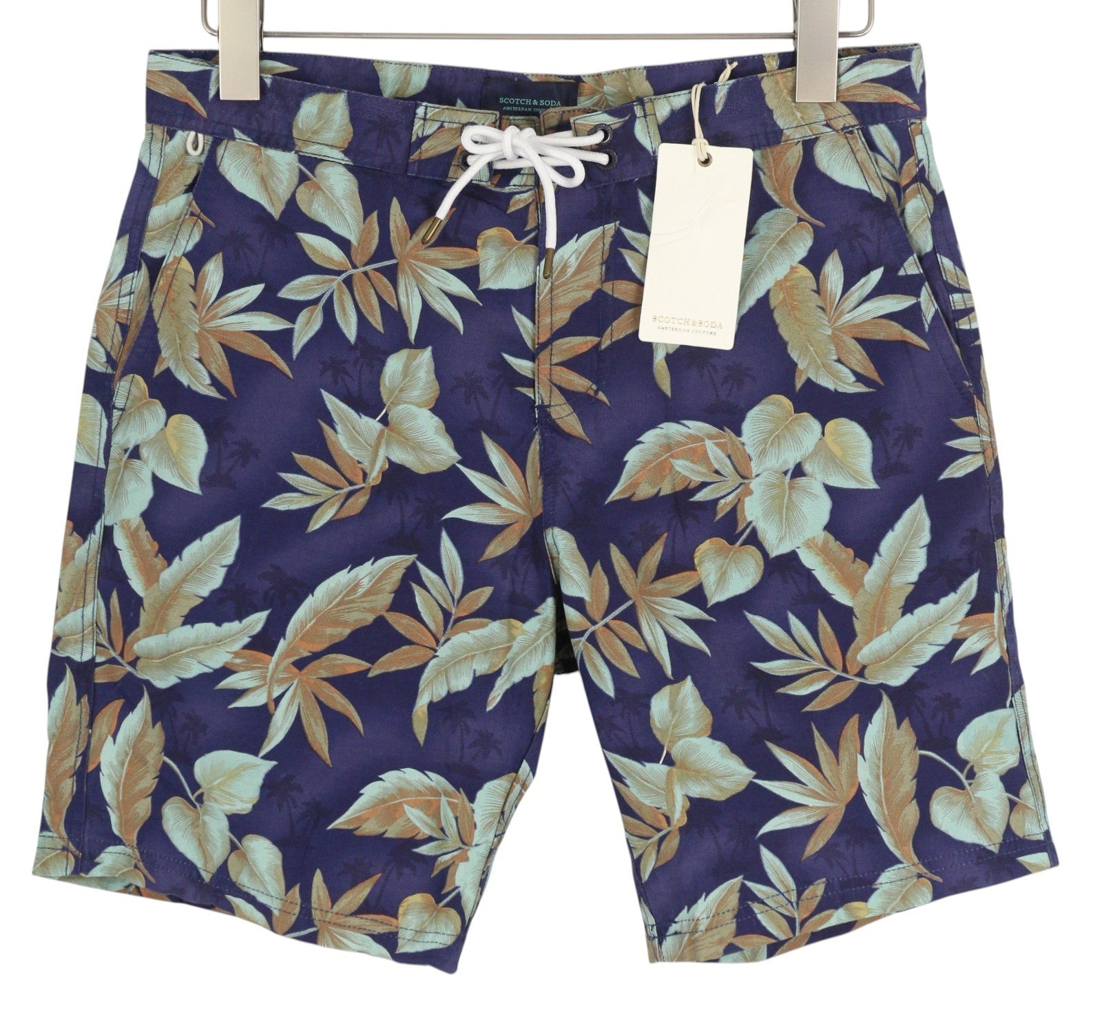 SCOTCH & SODA Men's Swimwear S Blue Leaf Pattern Mesh Inner Drawstring Waist