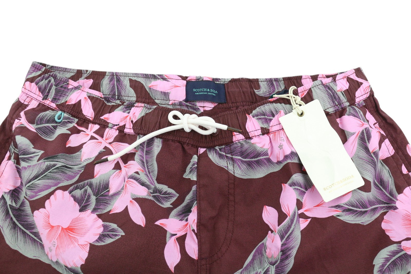 SCOTCH & SODA Men's Swim Shorts L Burgundy Floral Print Elastic Mesh Lined