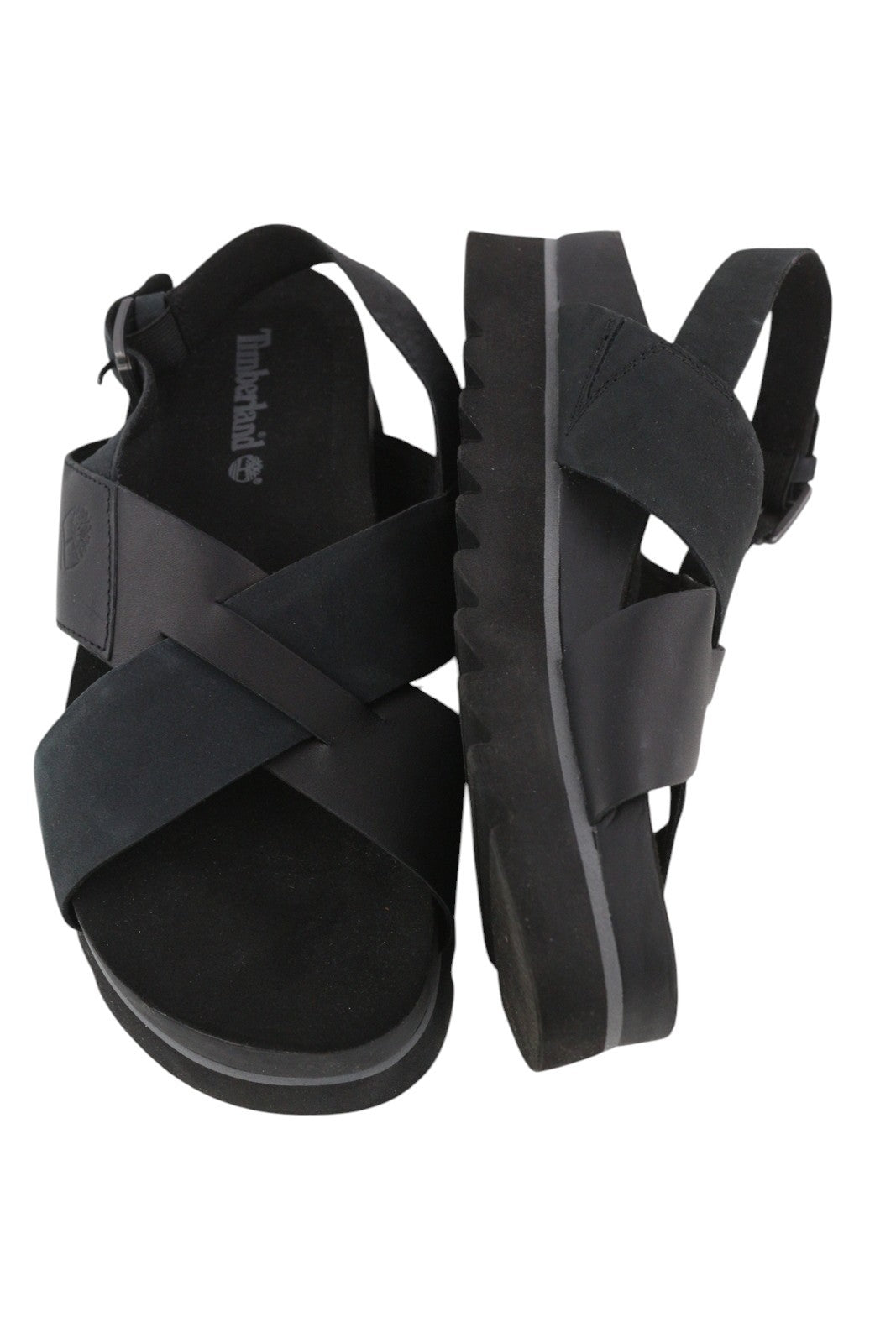 TIMBERLAND A23FE Women's EU39 Black Leather Platform Sandals Buckle Logo