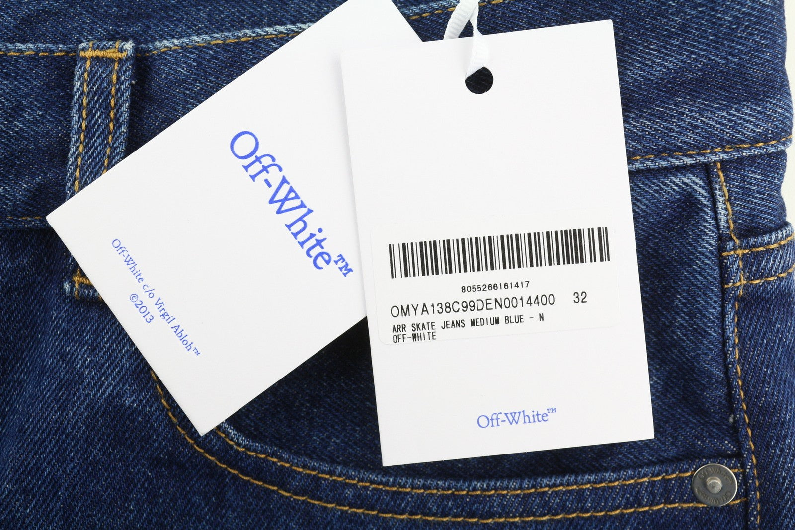 OFF-WHITE Arr Skate Men's Jeans W32 Blue Washed Denim Regular Button Fly RRP645