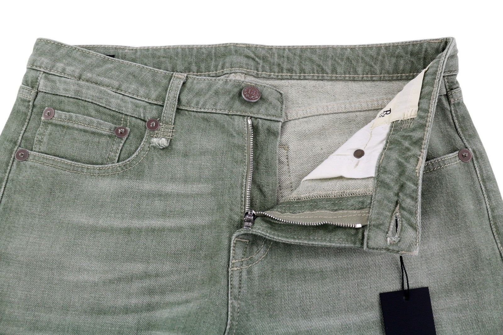 R13 Boy Straight Women Jeans 30 Army Green Stretch Cropped Slim Straight RRP695