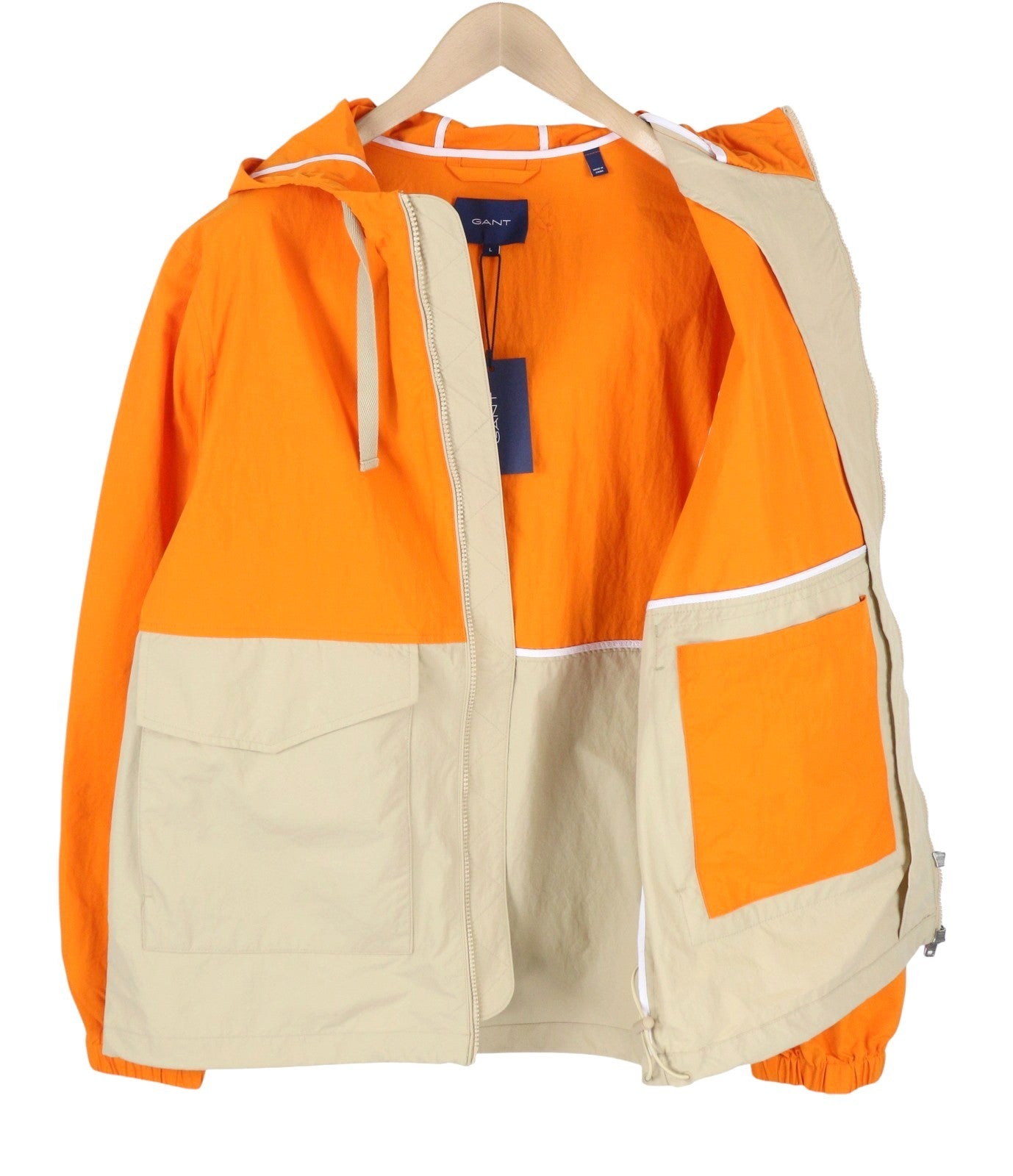 GANT Color Blocked Windbreaker Men Jacket L Dry Sand Hooded Full Zip Lightweight