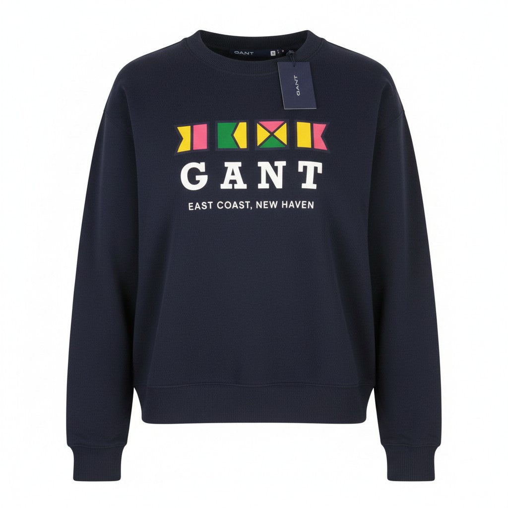 GANT Flags C-Neck Women Sweatshirt XL Evening Blue Front Logo Pull On