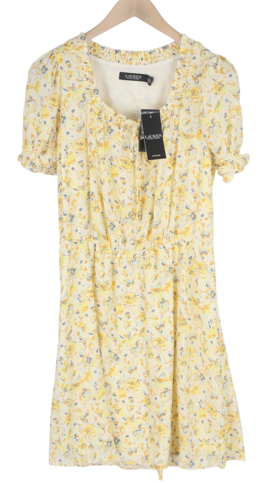 LAUREN RALPH LAUREN Women Dress M Yellow Floral Print Short Puff Sleeve Mini