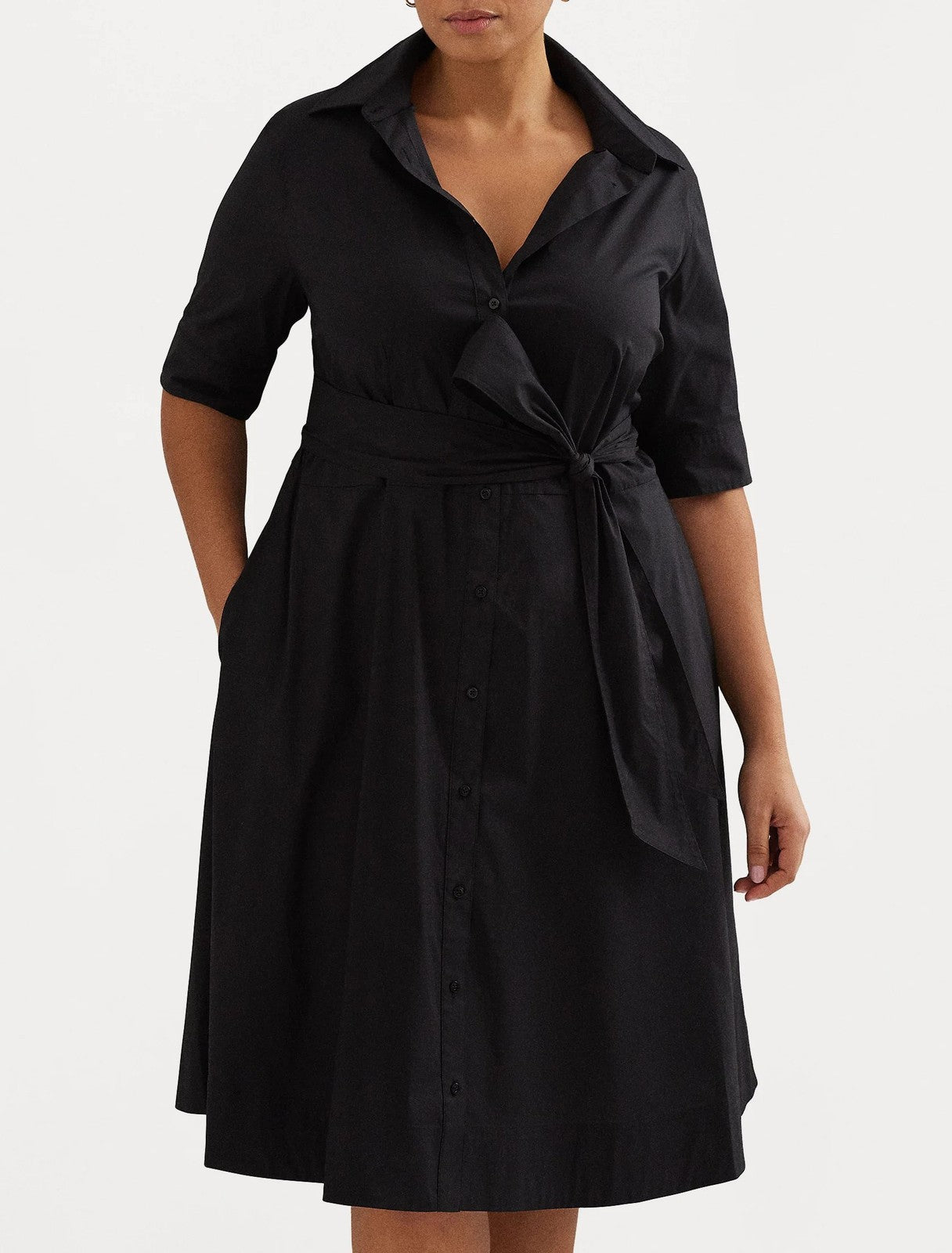 LAUREN RALPH LAUREN Finnbarr Women Dress 3XL Black Buttoned Short Sleeve Midi